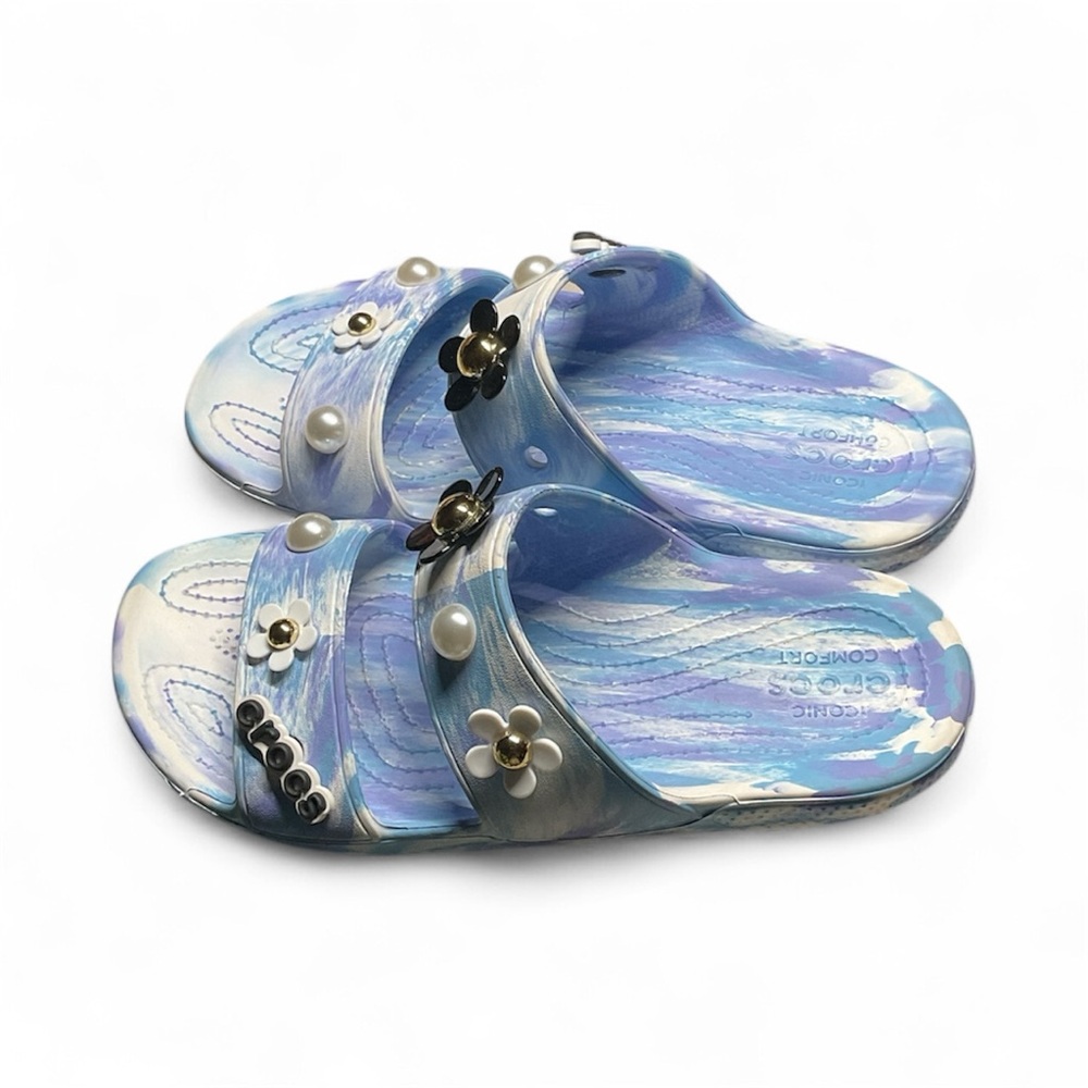CROCS Blue and White Sandals with Floral Accents - Picture 2 of 3